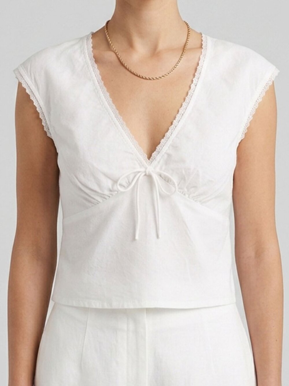 Reformation Cherry Top White Lace Trim V Neck Tie Front 0